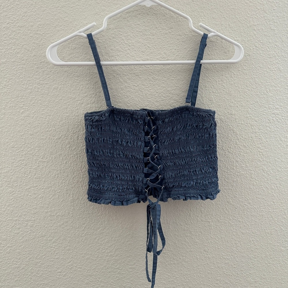 American Eagle Smocked Crop Top Womens Small Blue‎ Lace Up Front Spaghetti Strap